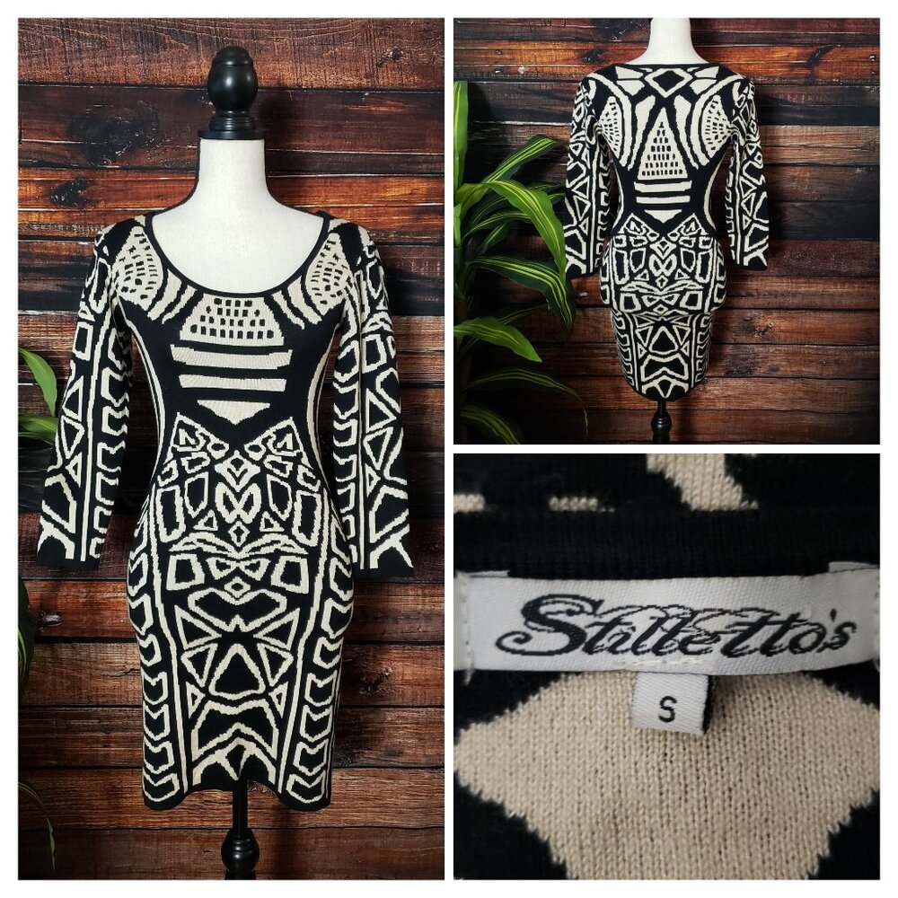 Stillettos Dress S BodyCon 3/4 Sleeve Soft Rayon Knit Black Cream Geometric